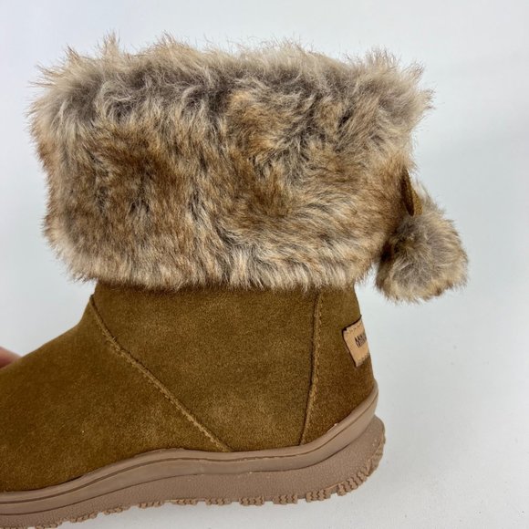 Minnetonka Somerville Womens Brown Suede Ankle Boot Faux Fur Cuff Pom Pom size 8 - Picture 11 of 13